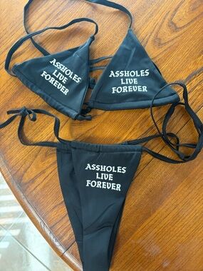 Graphic Black Triangle Bikini Set - 'Assholes Live Forever'